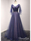 A Line Beaded Navy Blue Formal Dresses Pleated 3/4 Sleeve Maxi Prom Dresses ARD1031