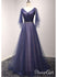 A Line Beaded Navy Blue Formal Dresses Pleated 3/4 Sleeve Maxi Prom Dresses ARD1031-SheerGirl