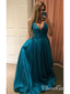 Una línea de vestidos de fiesta azules baratos con cuello en V vestidos de noche formales maxi simples en línea ARD1034 