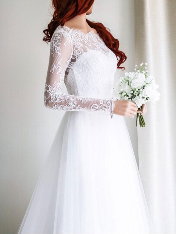 A Line Cheap Fitted White Wedding Dresses Plus Size Bridal Dress with Long Sleeves SWD0072-SheerGirl
