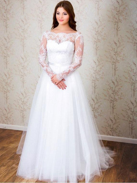 fitted lace wedding dress Plus Size Ivory Chiffon Boho Sweetheart Neck Long Sleeve Bridal Dress, Ivory main image 0