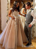A Line Cheap Nude Quinceanera Dress Lace Appliqued Beaded Prom Dresses Long APD3375-SheerGirl