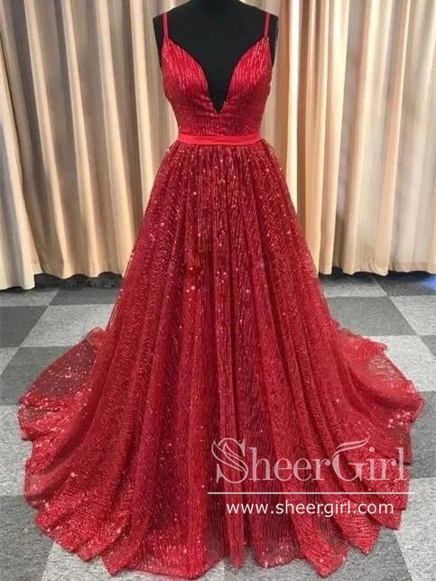 A Line Deep V Neckline Glitter Lace Long Prom Dress with Spagghetti Straps ARD2582-SheerGirl