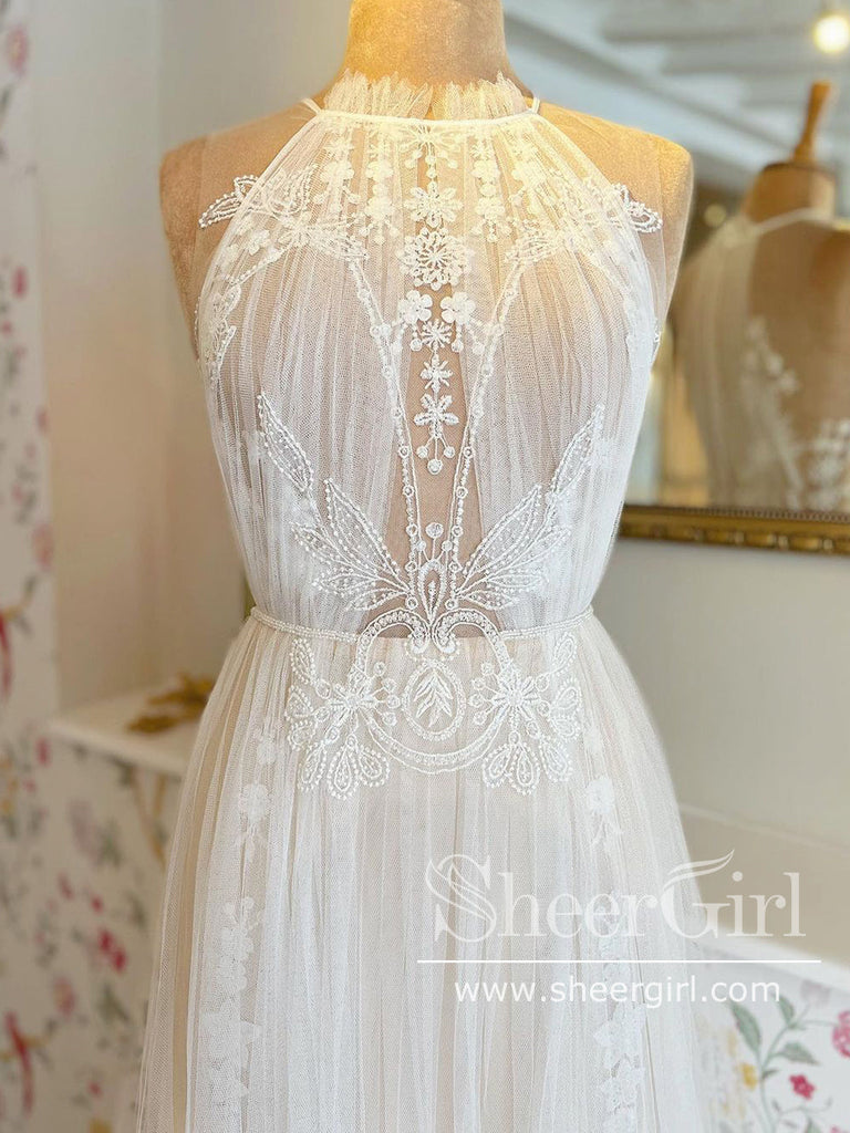 A Line Delicated Lace Tulle Wedding Dresses See Through Halter Neck Bridal Dress AWD1906-SheerGirl