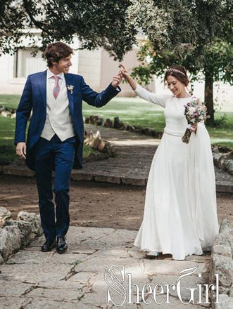 A Line Ivory Satin Cornflower Embroidery Long Sleeves Simple Wedding Dresses AWD1653-SheerGirl