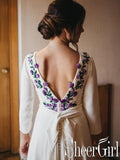 A Line Ivory Satin Cornflower Embroidery Long Sleeves Simple Wedding Dresses AWD1653-SheerGirl