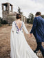 Una línea de satén marfil aciano bordado mangas largas vestidos de novia simples AWD1653 