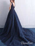 A Line Lace Appliqued Beaded Prom Dresses Navy Blue Quinceanera Dress with Corset Back APD3352-SheerGirl