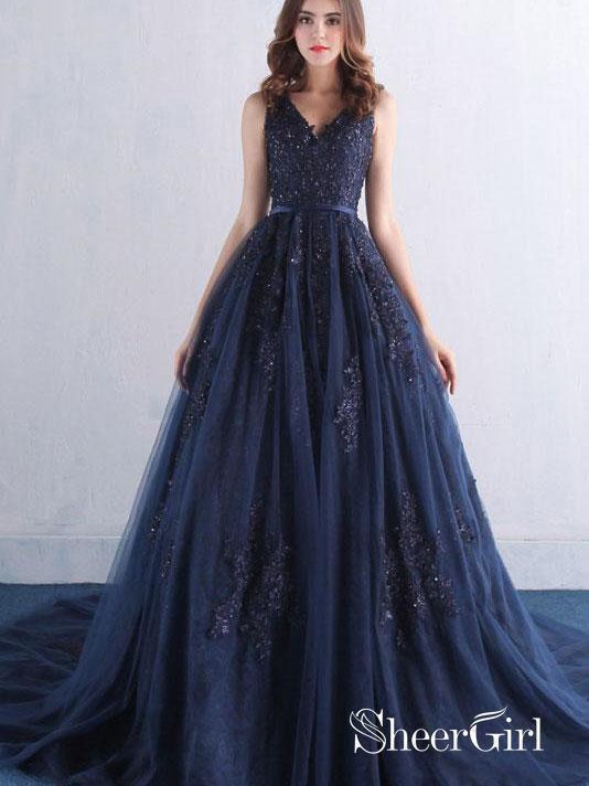 A Line Lace Appliqued Beaded Prom Dresses Navy Blue Quinceanera Dress with Corset Back APD3352-SheerGirl