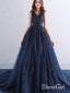 A Line Lace Appliqued Beaded Prom Dresses Navy Blue Quinceanera Dress with Corset Back APD3352