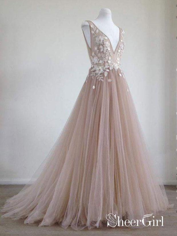 A Line Lace Appliqued V-Neck Prom Dresses Chic Nude Quinceanera Dresses APD3353-SheerGirl