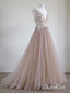 A Line Lace Appliqued V-Neck Prom Dresses Chic Nude Quinceanera Dresses APD3353