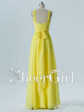 A Line Long Chiffon Cheap Backless Daffodil Yellow Bridesmaid Dresses with Sash PB10065-SheerGirl