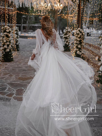 A Line Long Sleeves Wedding Gown Soft Tulle Bohemian Wedding Dress AWD1923-SheerGirl