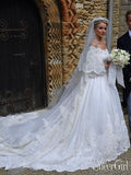 A Line Mid-Sleeves Ivory Satin Wedding Dresses With Cathedral Train Royal Lace Wedding Gowns AWD1622-SheerGirl