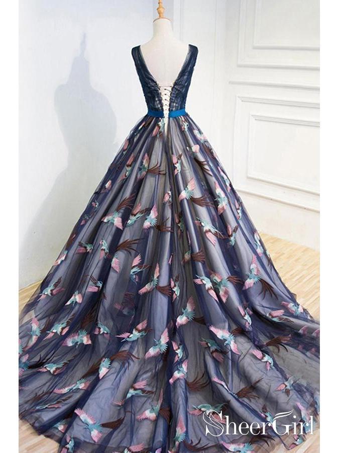 A Line Navy Blue Beaded Prom Dresses Bird Embroidered Quinceanera Dresses ARD1005