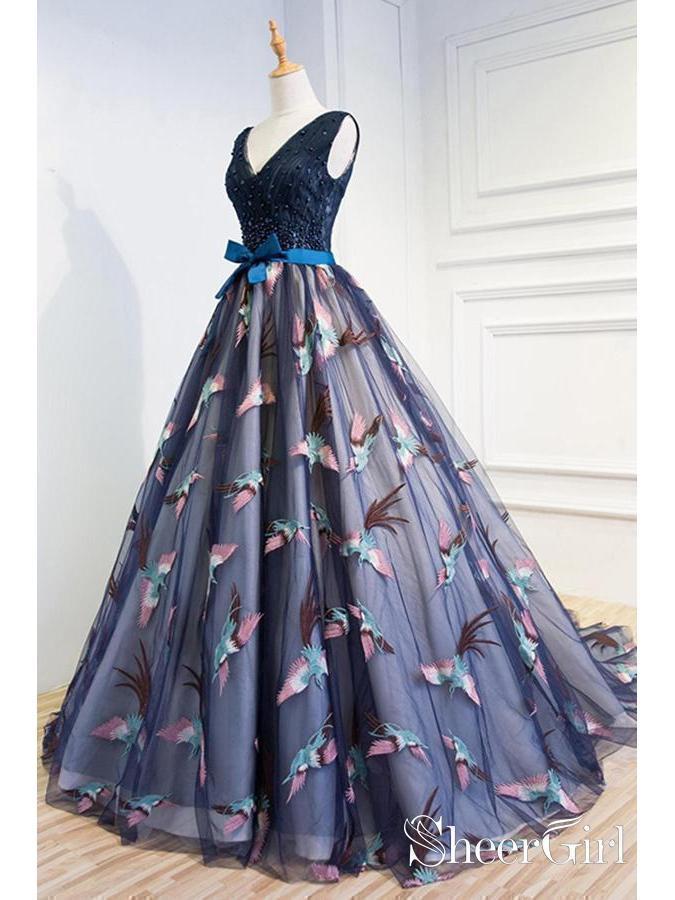 A Line Navy Blue Beaded Prom Dresses Bird Embroidered Quinceanera Dresses ARD1005