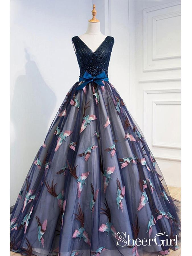 A Line Navy Blue Beaded Prom Dresses Bird Embroidered Quinceanera Dresses ARD1005-SheerGirl
