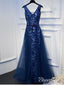 A Line Navy Blue Organza Formal Evening Dress V-Neck Lace Prom Dress with Belt ARD1006