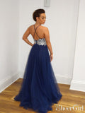A Line Navy Blue Tulle Prom Dresses Spaghetti Back Crossed Straps Prom Gown ARD2482-SheerGirl