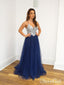 A Line Navy Blue Tulle Prom Dresses Spaghetti Back Crossed Straps Prom Gown ARD2482