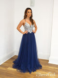 A Line Navy Blue Tulle Prom Dresses Spaghetti Back Crossed Straps Prom Gown ARD2482-SheerGirl