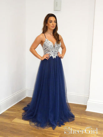 A Line Navy Blue Tulle Prom Dresses Spaghetti Back Crossed Straps Prom Gown ARD2482-SheerGirl