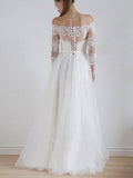 A Line Off the Shoulder Vintage Ivory Beach Wedding Dresses with Lace Sleeves SWD0071-SheerGirl