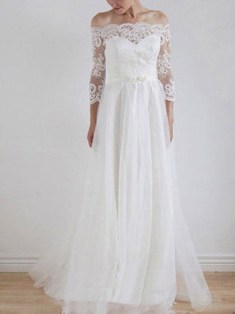 A Line Off the Shoulder Vintage Ivory Beach Wedding Dresses with Lace Sleeves SWD0071-SheerGirl