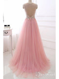 A Line Pink Beaded Prom Dresses Tulle Long See Through Back Maxi Formal Evening Gowns ARD1032-SheerGirl
