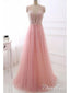 A Line Pink Beaded Prom Dresses Tulle Long See Through Back Maxi Formal Evening Gowns ARD1032