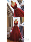 A Line Plus Size Red Long Evening Dresses for Women Beaded Tulle Prom Dresses ARD1035-SheerGirl