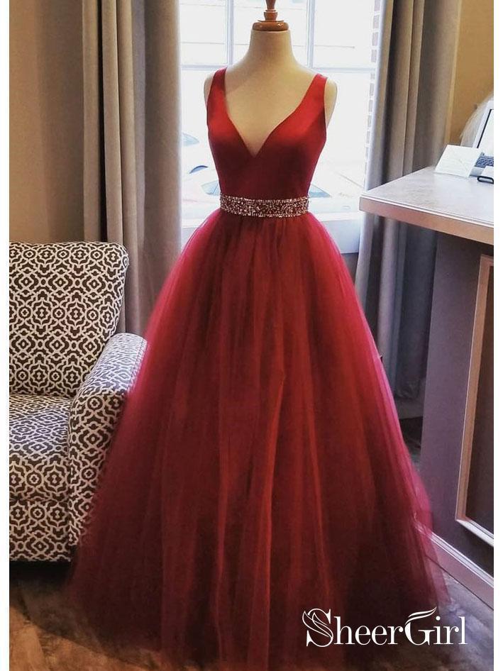 A Line Plus Size Red Long Evening Dresses for Women Beaded Tulle Prom Dresses ARD1035-SheerGirl