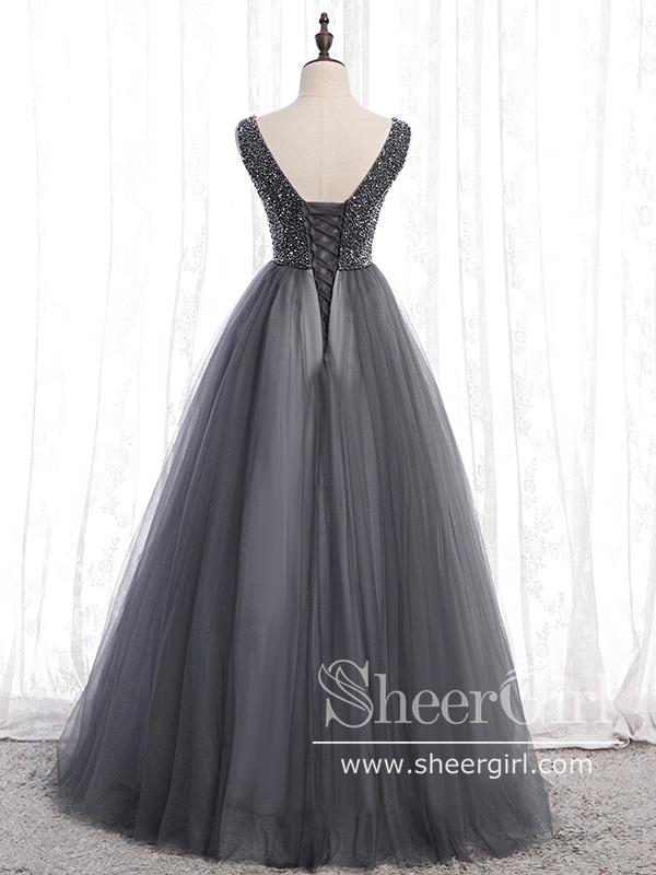 A Line Rhinestones Bodice V Neckline Tulle Floor Length Prom Dress with Corset Back ARD2643-SheerGirl