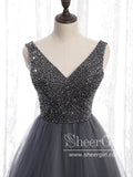 A Line Rhinestones Bodice V Neckline Tulle Floor Length Prom Dress with Corset Back ARD2643-SheerGirl