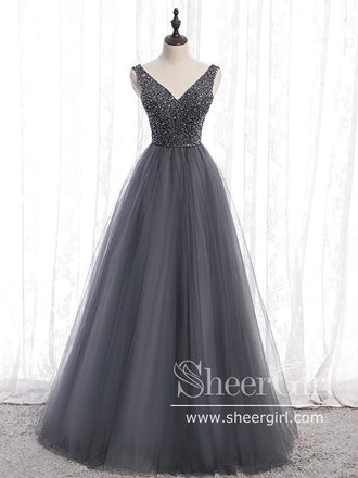 A Line Rhinestones Bodice V Neckline Tulle Floor Length Prom Dress with Corset Back ARD2643-SheerGirl
