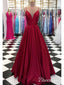 A Line Satin Burgundy Simple Prom Dresses Spaghetti Strap V Neck Plus Size Formal Dresses ARD1025