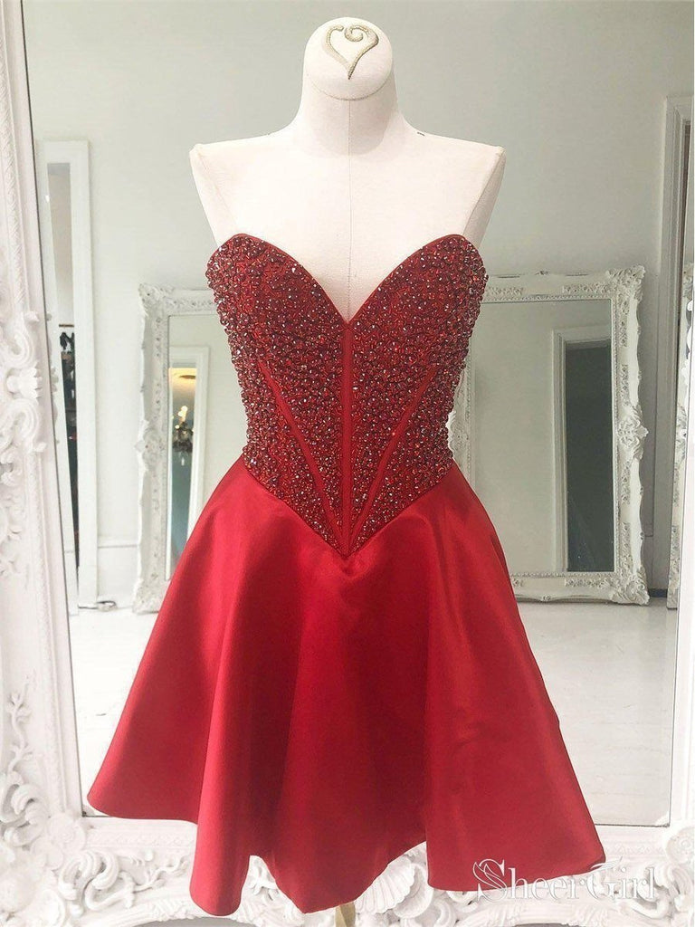 A Line Satin Sweetheart Neck Red Beaded Homecoming Dresses ARD1784-SheerGirl