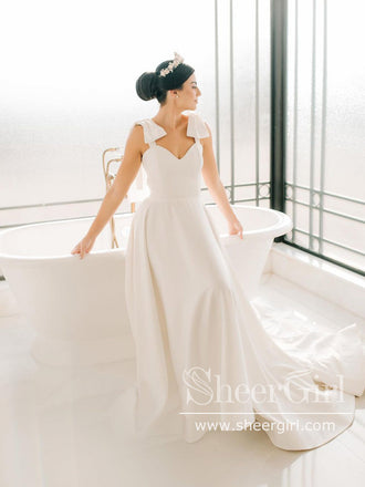 A Line Satin Wedding Gown Sweetheart Neck Wedding Dress with Bowtie Straps AWD1936-SheerGirl