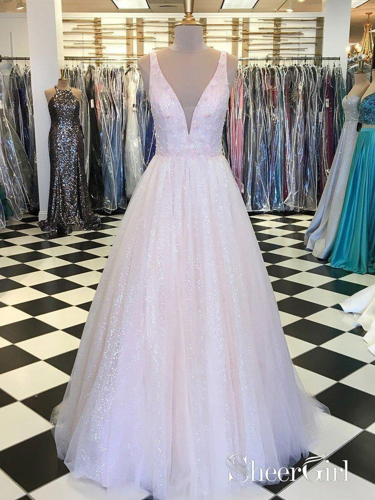 A Line Sequin Pink Long Prom Dresses Cheap Ball Gown Prom Dress APD3258-SheerGirl