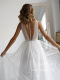 A Line Soft Net Beaded Appliques Deep V Illusion Wedding Gown AWD1751-SheerGirl