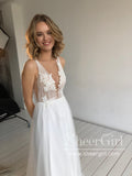 A Line Soft Net Beaded Appliques Deep V Illusion Wedding Gown AWD1751-SheerGirl