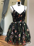A Line Spaghetti Strap V Neck Black Homecoming Dresses with Embroidery ARD1750-SheerGirl