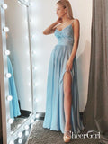 A Line Spaghetti Strap V Neck Black Prom Dresses Side Slit Formal Dress ARD1774-SheerGirl