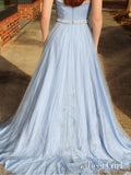 A Line Strapless Blue Prom Dresses Beaded Long Quinceanera Dress Plus Size APD3405-SheerGirl