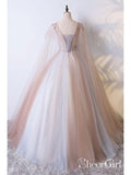 A Line Tulle Khaki Embroidery Appliqued Prom Dresses Cape Sleeve Evening Ball Gowns ARD1028-SheerGirl