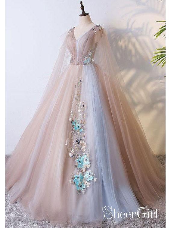 A Line Tulle Khaki Embroidery Appliqued Prom Dresses Cape Sleeve Evening Ball Gowns ARD1028-SheerGirl
