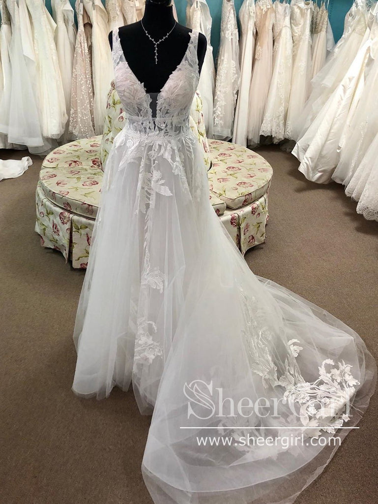 A Line Unlined Bodice Appliqued Bridal Gown Deep V Neck Court Train Wedding Dress AWD1720-SheerGirl