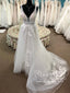 A Line Unlined Bodice Appliqued Bridal Gown Deep V Neck Court Train Wedding Dress AWD1720