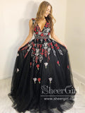 A Line V Neck Floral Embroidery Colorful Lace with Rhinestones Sash Long Prom Dresses ARD2639-SheerGirl